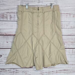 DKNY Jeans Khaki Tan A-Line Sz 8 Knee Skirt Stitch Accent Casual Western Country
